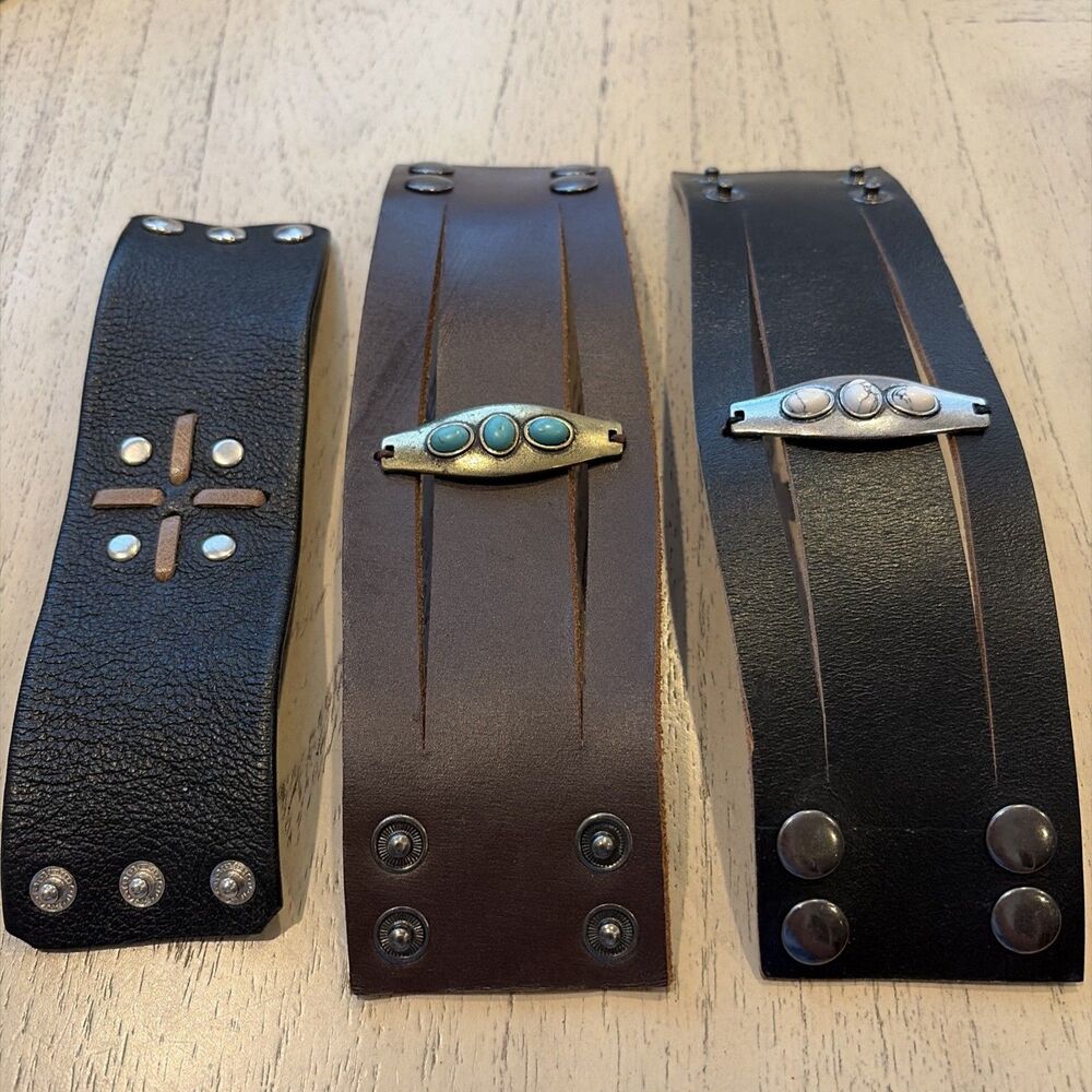 Lot of 3 - Leather Bracelets w/adornments - Snap closure
